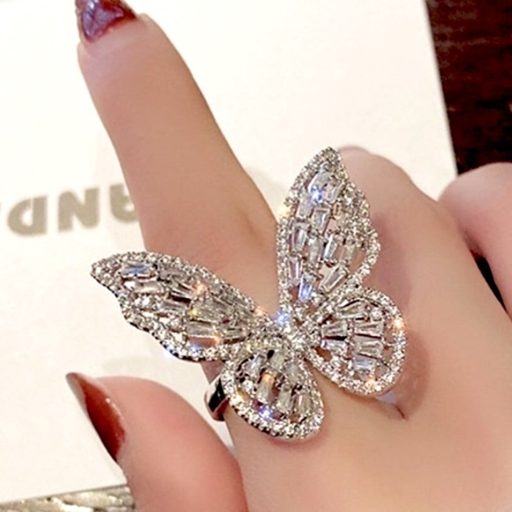 WHITE GOLD PLATED ZIRCON BUTTERFLY RING - Picture 3 of 16